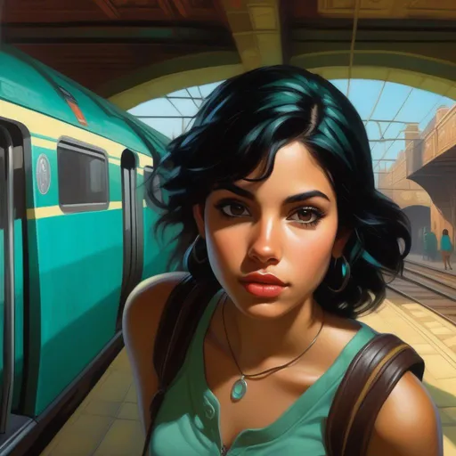 Prompt: Third person, gameplay, young Puerto Rican woman, pale olive skin, black hair, dark brown eyes, early 2000s, abandoned subway station, teal atmosphere, cartoony style, extremely detailed painting by Greg Rutkowski and by Henry Justice Ford and by Steve Henderson 