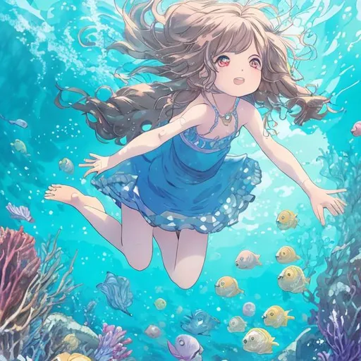 Prompt: "Girl swimming under the sea wearing frock by artist "anime", Anime Key Visual, Japanese Manga, Pixiv, Zerochan, Anime art, Fantia"