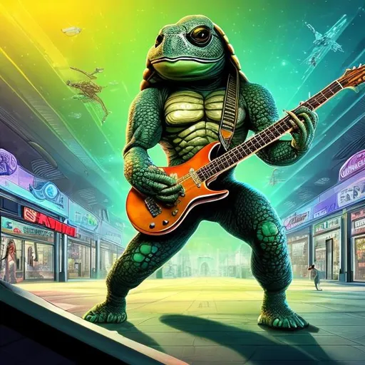 Prompt: Bodybuilding turtle playing guitar for tips in a busy alien mall, widescreen, infinity vanishing point, galaxy background