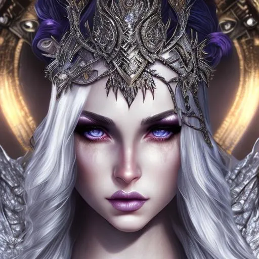 Prompt: Warrior character, manon blackbeak, young female, toned, ((snow white hair)), ((amber eyes)), intricately detailed, hyper realistic, dramatic lighting, soft shading, beautiful highly detailed face, concept fantasy, illustration, character design high octane, octane render, DSLR super resolution, dramatic lighting, ((silver and white armour)), no gold