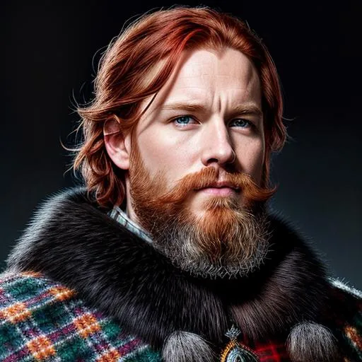 Prompt: portrait of a scottish king 15th century red hair and dark blue eyes battle hardened skin showing battle scars small shallow eyes,  grey beard beautiful intricate colored hair, symmetrical, snowing, soft lighting, detailed face, wearing tartan kilt and weopans by makoto shinkai, stanley artgerm lau, wlop, rossdraws, concept art, digital painting, looking into camera