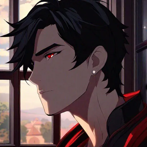 Prompt: Damien (male, short black hair, red eyes) staring out the window, in love