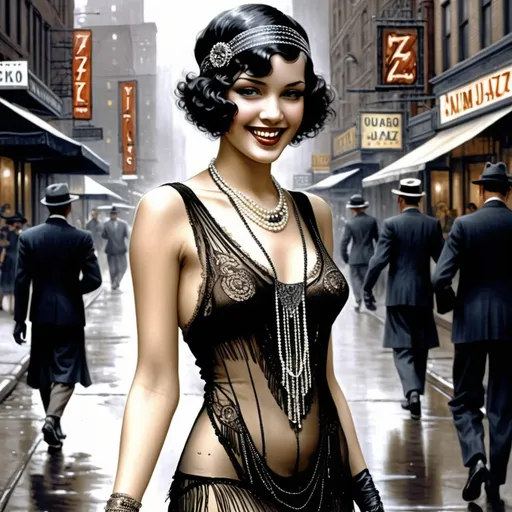 Prompt: Hyper-realistic full body height digital painting by Luis Royo:: (young pretty happy) 1920s flapper woman, short curly hair, highly detailed facial features, bright expressive eyes and a coy subtle smiling expression, wearing fashionable clothing, walking through the streets of a Jazz district in Chicago in 1925:: 8k resolution, incredible details, a masterpiece, photorealistic