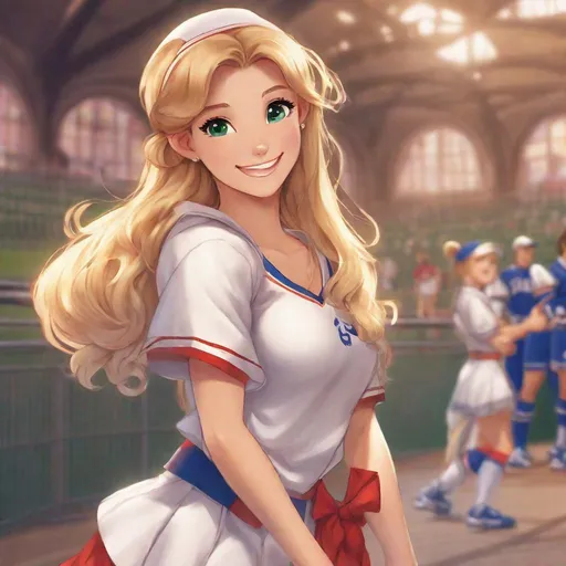 Prompt: Vivid, detailed, Disney classic art style, Giselle Disney princess, smiling, baseball uniform, miniskirt, bare midriff, anime, bow in hair, visible cleavage