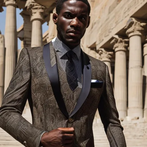 Prompt: A black men's suit filled with pharaonic inscriptions blending with a modern cut of Italian elegance