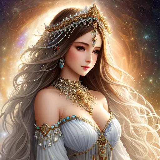 Prompt: {{{{highest quality concept art masterpiece}}}} digital drawing oil painting with {{visible fractal textured brush strokes}}, white prism, cosmic, etherial, goddess of light ,closeup, full body mature woman, long brown balayage cosmic fractal hair, wearing a long dark brown newton julia clusters fractal dress.