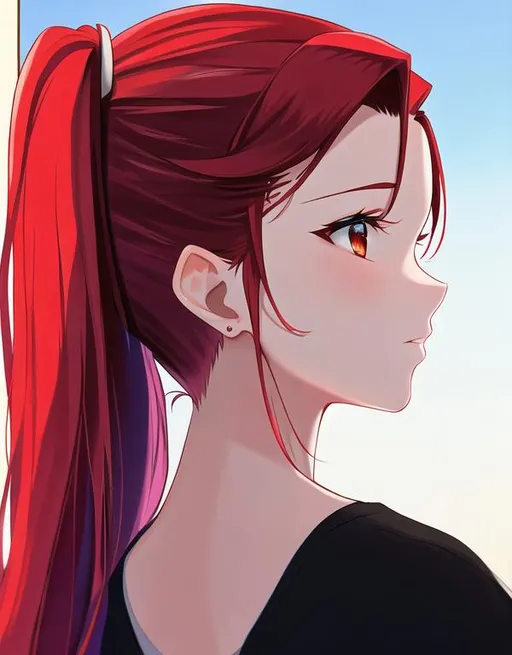 Prompt: Haley with bright red hair pulled back, side profile