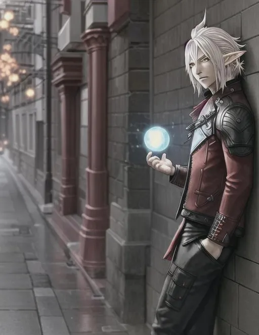 Prompt: Half-Elf in red jacket leaning against wall, short white hair, holding glowing orb, on a street corner, yellow eyes, noctis ffxv, alone