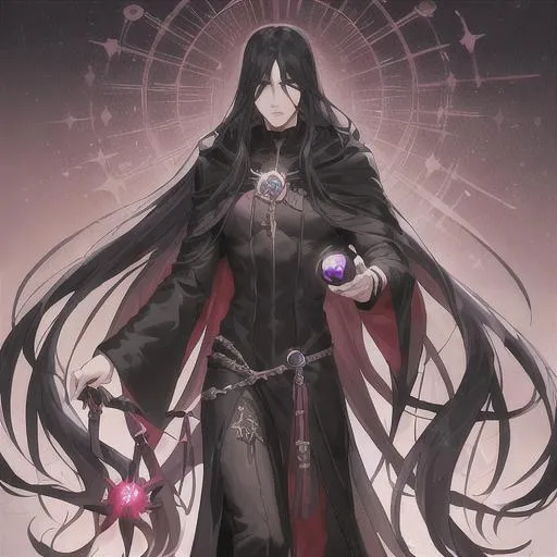 Prompt: The necromancer is a tall male figure with long, flowing black hair. He wears a long black robe adorned with  sigils. In his hand, he carries an obsidian orb, which he uses to channel his magic. detailed eyes. league of legends