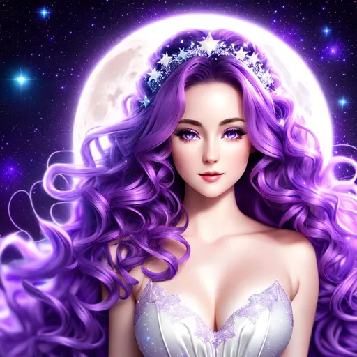 Prompt: Fantasy style, Stary night-time purple fantasy background, moon shining bright, a hyper realistic detailed image of a feminine woman ((pale skin)) ((white gown)), covered in nightly glow ((long curly hair)), looking straight ahead, body facing camera, camera top third of image, perfect composition, super detailed, sharp focus HDR, UDR, 120k, square jaw, slender upturned nose, full red lips, silver shoulder plates, ((gold eyes)).