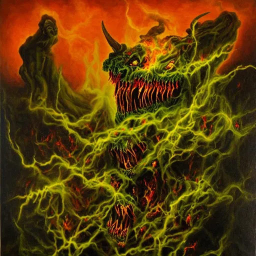 Prompt: Ultrarealistic macabre painting of a Demon.  The Demon's mouth is dripping out green plasma. The Demon is engulfed in subtle reddish hellfire from the feet, rising upward. The The background is set in hell with corrupted earth and decaying corpses scattered. death | suffering | malevolence | war | grim | subtle thin vibrant green liquid-lightning rising from an abyss | despair | UHD, 4K, 8K, 64K, highly detailed.