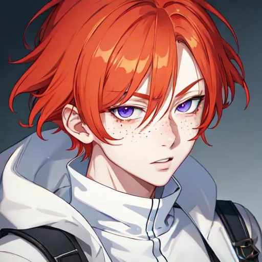 Prompt: Erikku male adult (short ginger hair, freckles, right eye blue left eye purple) UHD, 8K, Highly detailed, insane detail, best quality, high quality,  anime style, biker 