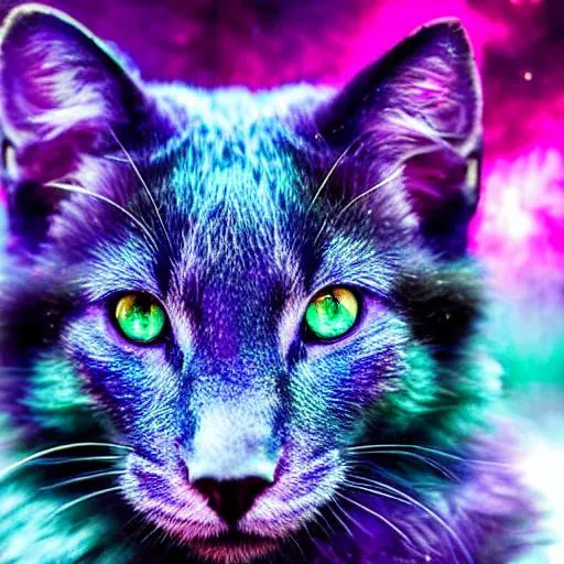 Prompt: Galaxy, purple and blue fur, green eyes, stars in fur, space background, ultra realistic