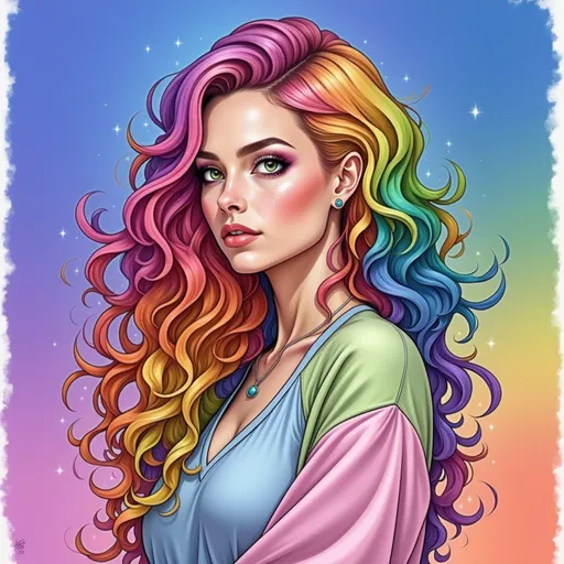 Prompt: This is a digital drawing in a vibrant, colorful, and semi-realistic style. The subject is a young woman with long, wavy hair that transitions through a spectrum of rainbow colors, including pink, purple, blue, green, yellow, and orange. Her hair cascades down her back and over her shoulders, creating a striking and eye-catching effect. She has fair skin with a light freckle pattern on her cheeks and nose, and her eyebrows are dark and well-defined. Her eyes are a bright blue, and she has a subtle, confident expression on her face. She is wearing a light blue V-neck top with long sleeves that are green on the left and pink on the right. She also has blue ear gauges in her ears. The background is a smooth gradient that transitions from blue at the top to orange at the bottom, enhancing the rainbow theme of her hair. The edges of the image have a rough, white border that frames the subject. The overall composition is balanced, with the subject's head slightly tilted to the right, allowing her hair to flow naturally. The image is detailed, with careful attention to the texture of the hair and the softness of the skin.