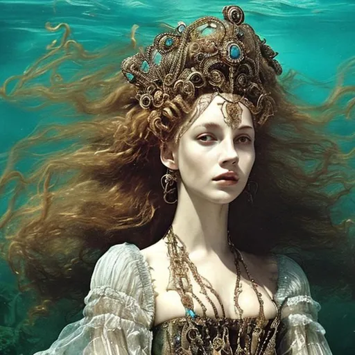 Prompt: woman in 16th century dress underwater lounging.  hair, elaborate hair, fabric, lace, bubbles. French hood, jewels, queen.