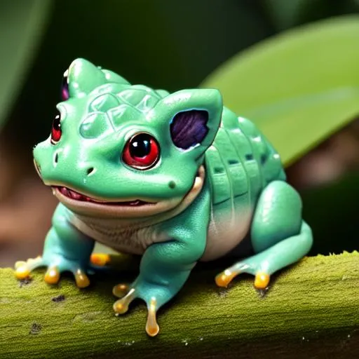 Prompt: HD, High Quality, 5K, Bulbasaur, small quadrupedal amphibian,  blue-green skin with darker patches, It has red eyes with white pupils, pointed, ear-like structures on top of its head, and a short, blunt snout with a wide mouth. A pair of small, pointed teeth are visible in the upper jaw when its mouth is open. Each of its thick legs ends with three sharp claws. On Bulbasaur's back is a green plant bulb that conceals two slender, tentacle-like vines, which is grown from a seed planted there at birth. The bulb also provides it with energy through photosynthesis as well as from the nutrient-rich seeds contained within, forest, Pokémon by Frank Frazetta