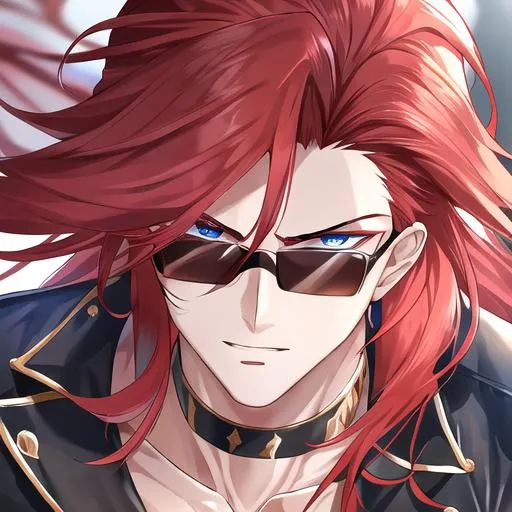 Prompt: Zerif 1male (Red side-swept hair falling between the eyes, sharp and sassy blue eyes), highly detailed face, 8K, Insane detail, best quality, UHD, handsome, flirty, muscular, Highly detailed, insane detail, high quality. wearing tight black pants, black sunglasses resting on his head, close up, side profile, shirtless, gold jewelry 