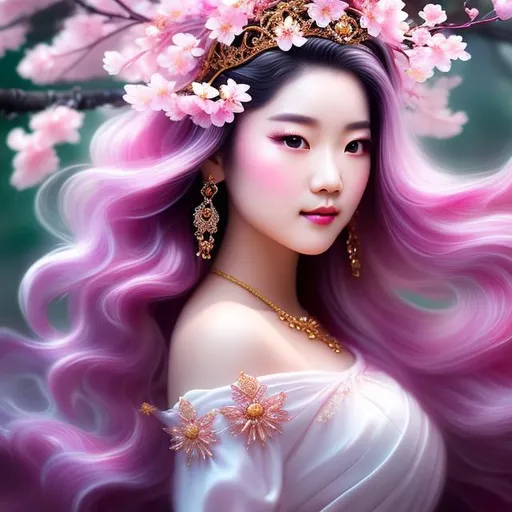 Prompt: cherry blossom princess with flowing hair made from silk wearing a crown with multiple cherry blossom flowers around it, 8k resolution, A Masterpiece, Art station, Great Composition, Covered In Flowers, full body portrait, insanely detailed, outside, ambient lighting, hyper realistic, beautiful symmetrical face, fantasy, regal,