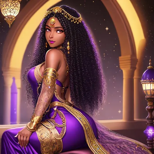 Prompt: mystery beautiful black curly long hair girl, sitting in arabian palace, highly detailed light yellow eyes, tanned skin, purple lips, light purple silk hooded dress with garnet ornament, looking from behind, back visible, at night, colorful milky way, light yellow diamond dust, cozy, moonlight, hyper detailed, super detailed, hyper realistic, realistic art, 8k