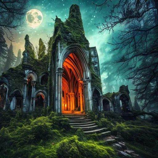Prompt: HD, 4K, 3D, Stunning, magic, cinematic camera, two-point perspective, gothic ruin in the forest, ruined wall, without ceiling, ancient tree growing inside the ruins, moonlight, ruin in the forest, magical night