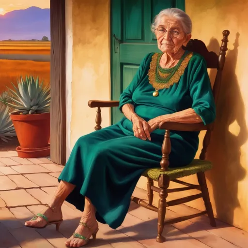 Prompt: Old woman in a green dress, gold -and gemstone jewelry, sitting on porch, Danish folk art velvet chair, agave field sunset view, traditional painting, warm and vibrant colors, detailed wrinkles and serene expression, high quality, traditional art style, warm tones, soft sunset lighting, nostalgic atmosphere