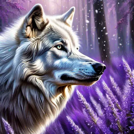 Prompt: (Best quality, highly detailed, professional oil painting, epic digital art, masterpiece:1.5) Highly detailed portrait of a beautiful wise silver-white ((wolf)), (quadruped), gleaming {amethyst eyes}, gorgeous purple 8k eyes, purple nose, growling, majestic, thick extravagant lavender fur covered in frost, wild billowing fur, voluminous frosted mane, (plump), {purple mountain peaks}, (brilliant auroras), glistening (moonlight), pink twilight sky, UHD, HDR, studio quality, vibrant, cold colors, neon colors, vivid colors, full body focus, intricately detailed fur, beautifully detailed expressive eyes, cinematic, intricately detailed face, highly detailed background, highly detailed mouth, vibrant, vivid colors, 64K, 3D, unreal engine, perfect composition, Yuino Chiri