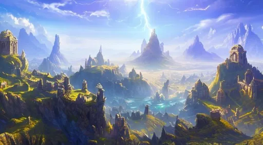 Prompt: A Fantasy landscape, with shiny blue sky, light points reflecting Sun, Dynamic lights, cinematic view, High quality, 4k, Full HD