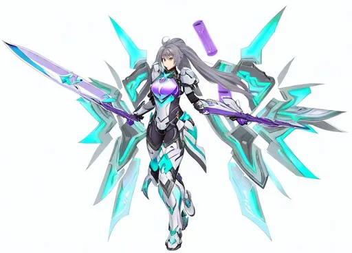 Prompt: female, grey and blue long hair, purple  eyes,  accented scifi-body armor, pneuma xenoblade 2 blade, 