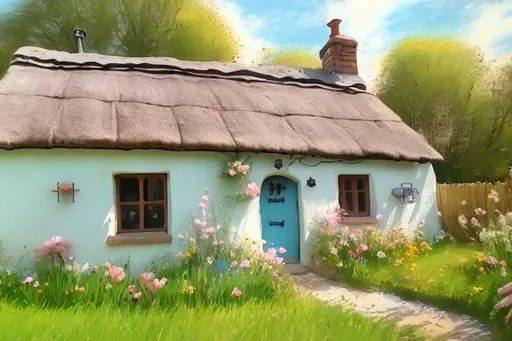 Prompt: a medieval cottage, spring, pastel blue
