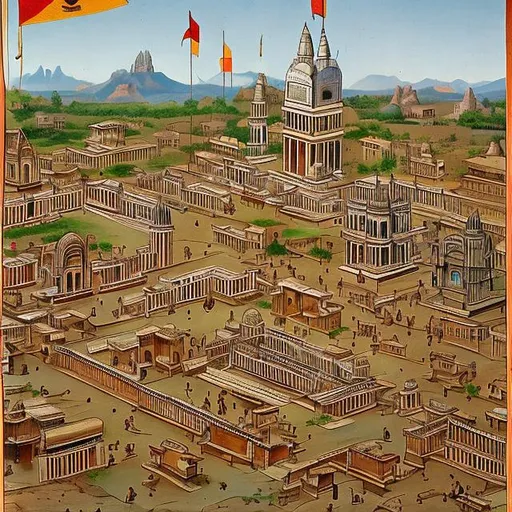 Prompt: Madurai during 3rd Century CE with flags to denote shops and places of worship