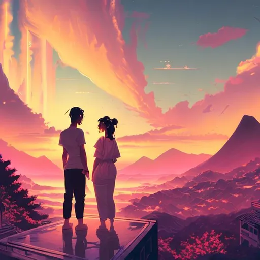 Prompt: [ ] Painting of couple full of lust, standing in a building, painting of sunset behind the mountain, detailed,vaporware asthetic 