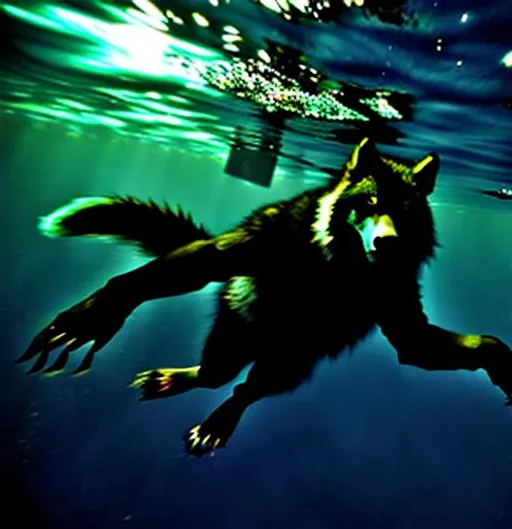 Prompt: Werewolf swimming underwater