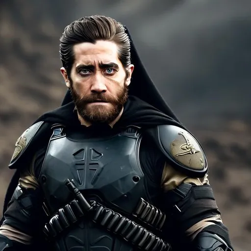 Prompt: jake gyllenhaal, thick moustache, black cape, special forces, military, navy seal, sci-fi, black and gold, black cape