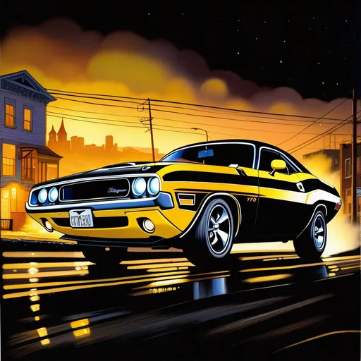 Prompt: Yellow Dodge Challenger 1970, car chase, cops, damaged, Pittsburgh at night, warm atmosphere, cartoony, extremely detailed painting by Greg Rutkowski and by Henry Justice Ford and by Steve Henderson.