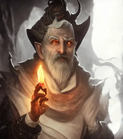 Prompt: Portrait of Old tiefling Olgierd von Everec with bat wings on his back, grey hair and piercing, a flame in one hand, a simicar in other hand, dark snowy iceberg, perfect composition, hyperrealistic, super detailed, 8k, high quality, trending art, trending on artstation, sharp focus, studio photo, intricate details, highly detailed, by greg rutkowski