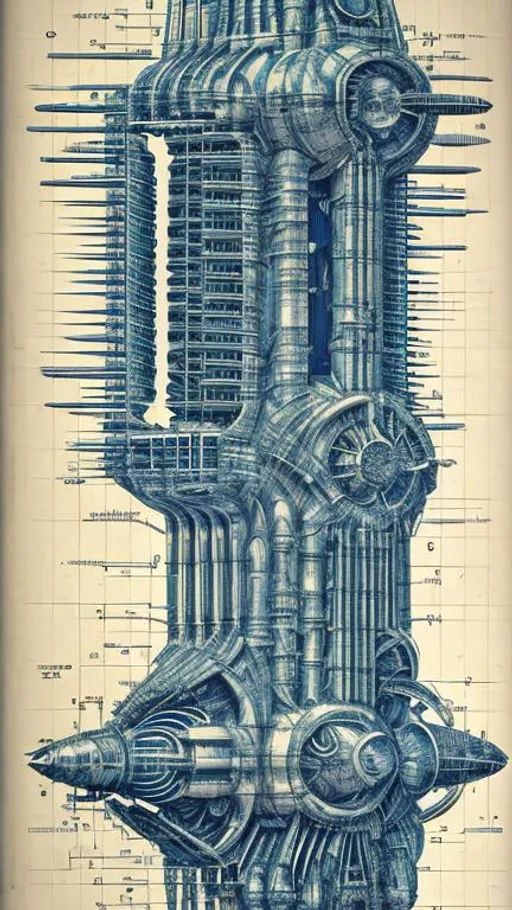 Prompt: technical drawing blueprint Futurism art style infographics exploded view of spacecraft's warp drive technology by hr giger combined with Zdzislaw Beksinski and Ed Binkley, infographics, marginalia, detailed exploded view, 1950's popular mechanics poster
