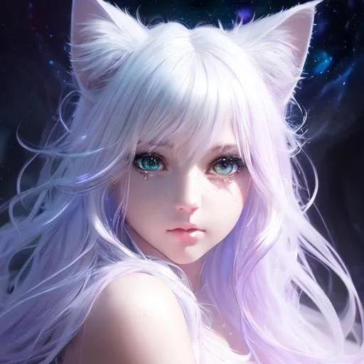 Prompt: fantasy, magical, white, teen girl, cat ear, ultra detailed artistic photography, light hair, midnight aura, night sky, detailed gorgeous face, dreamy, glowing, glamour, glimmer, shadows, oil on canvas, brush strokes, smooth, ultra high definition, 8k, unreal engine 5, ultra sharp focus, art by alberto seveso, artgerm, loish, sf, intricate artwork masterpiece, ominous, matte painting movie poster, golden ratio, trending on cgsociety, intricate, epic, trending on artstation, by artgerm, h. r. giger and beksinski, highly detailed, vibrant, production cinematic character render, ultra high quality model, paleultra detailed artistic photography, light hair, midnight aura, off-shoulder bodysuit, full-body, night sky, detailed gorgeous face, dreamy, glowing, backlit, glamour, glimmer, shadows, oil on canvas, brush strokes, smooth, ultra high definition, 8k, unreal engine 5, ultra sharp focus, artgerm, loish, sf, intricate artwork masterpiece, ominous, matte painting movie poster, golden ratio, trending on cgsociety, intricate, epic, trending on artstation, by artgerm, h. r. giger and beksinski, highly detailed, vibrant, production cinematic character render, ultra high quality model