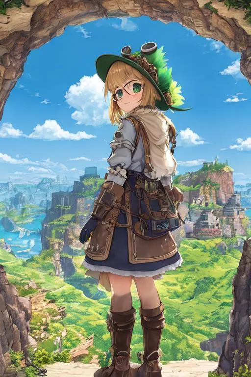 Prompt: Made In Abyss,

masterpiece intricate hyperdetailed best quality flat color pencil sketch 2D 1 anime girl joyful, blonde fluffy short hair, goggles hat, hyperdetailed blue and green steampunk fantasy leather and cotton clothes, hyperdetailed face,

scenic view landscape 2D flat color medieval city on the gigantic abyss hole vector background, action shot, extreme long shot wide view, full frame wide angle,

sunshine, blue sky, cinematic lighting,

precise hard pencil strokes, thick and hard pencil outline,

hyperdetailed 2D vector concept art picture, vector, illustration, character concept,

2D fantasy concept art style, inspired by final fantasy art, adventure, inspiring, colorful, heroic fantasy art,