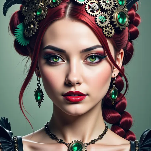 a woman with red hair and green eyes wearing a neckl...