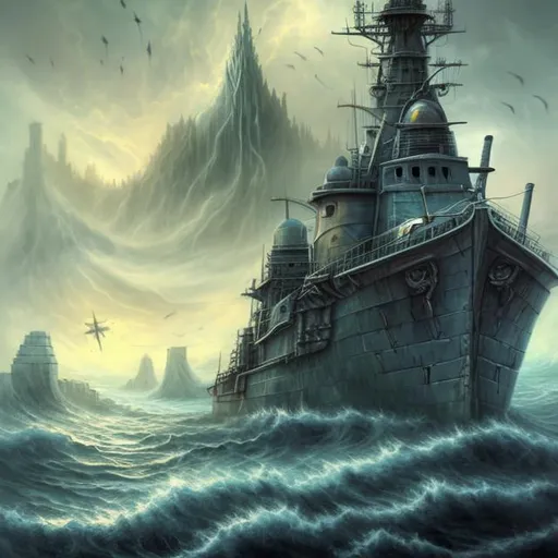 Prompt:  fantasy art style, painting, concrete, smog, fog, evil, warship, naval ship, boat, deep ocean, waves, tsunami, tidal waves, flood, end of the world, apocalypse, dystopian, warfare, robot, futuristic