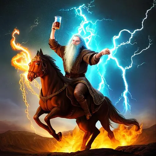 Prompt: fantasy, wizard drinking beer, magical, lightning, fire, mug, riding a steed, old, beard