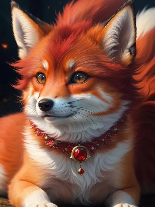 Prompt: make tail fluffy and white, masterpiece, professional oil painting, hyper real, 64k, best quality, tiny scarlet ((fox kit)), (canine quadruped), fire elemental, silky scarlet-red fur, highly detailed fur, realistic, timid, ((insanely detailed alert emerald green eyes, sharp focus eyes)), sharp details, gorgeous 8k eyes, insanely beautiful, extremely beautiful, fluffy glistening gold neck ruff, energetic, anime fantasy, two tails, (plump), fluffy chest, fluffy cheeks, enchanted, magical, finely detailed fur, photo realism, hyper detailed fur, (soft silky insanely detailed fur), presenting magical jewel, beaming sunlight, lying in flowery meadow, professional, symmetric, golden ratio, unreal engine, depth, volumetric lighting, rich oil medium, (brilliant dawn), full body focus, beautifully detailed background, cinematic, 64K, UHD, intricate detail, high quality, high detail, masterpiece, intricate facial detail, high quality, detailed face, intricate quality, intricate eye detail, highly detailed, high resolution scan, intricate detailed, highly detailed face, very detailed, high resolution