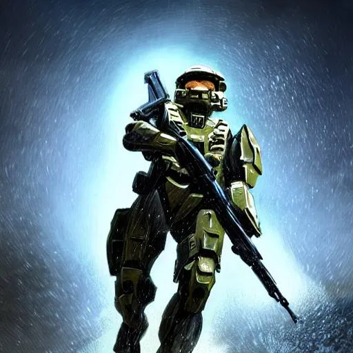 Prompt: Professionally illustrated art of a marine from Halo standing in the rain, intricate details, full-body portrait, headshot, HDR, 64K, highly detailed, bright sun rays, best version, handle bar mustache