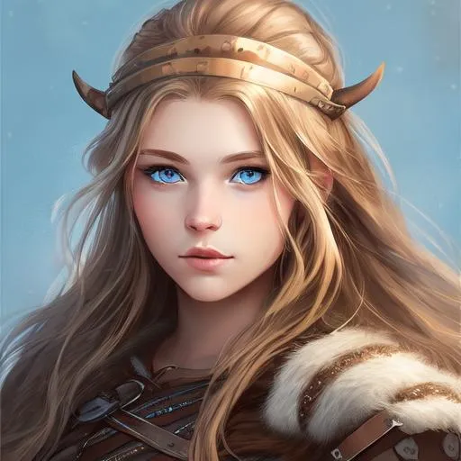 Prompt: digital art, Young woman viking, medium-length brown hair with streaks of blonde, light blue eyes, 20 years old