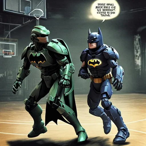 Prompt: Master Chief and Batman playing basketball
