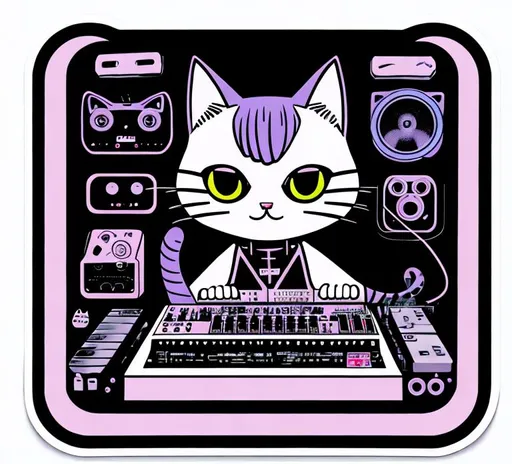 Prompt: cat cyborg punk 80s retro synthpop. A Cat plays a modular synth. Sticker art. white background