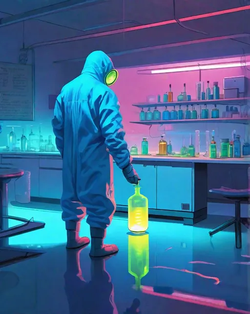 Prompt: In a sleek high-tech laboratory, a scientist makes a breakthrough discovery, holding up a (glowing:1.2) vial of blue liquid up to the light as eerie (neon:0.6) reflections dance across his hazmat suit. In the style of Simon Stålenhag.