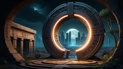 Prompt: magical portal between cities realms worlds kingdoms, circular portal, ring standing on edge, upright ring, freestanding ring, hieroglyphs on ring, complete ring, ancient babylonian architecture, gardens, ruins, turned sideways view, futuristic cyberpunk tech-noir setting, dark night