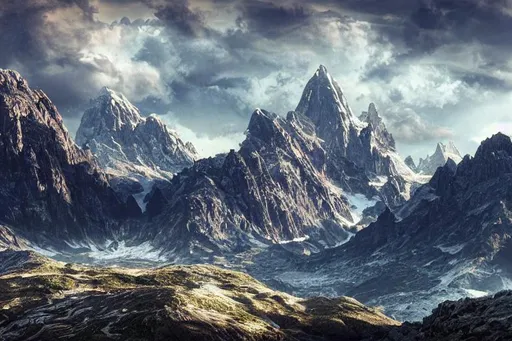 Prompt: cinematic composition, hyper realistic, highly detailed, concept art, dynamic range, depth of field,  mountain range that is split by a wide pass through the mountains
