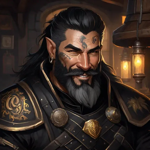 Prompt: Fantasy portrait of a friendly, smiling, middle-aged muscular inquisitor in black uniform, ugly, rugged, with a mane of black hair, pallid skin, thick beard, gold specks in eyes, and bold tattoos, wearing a black inquisitor uniform, with a scarred and wrinkled face, broken nose and scars, barrel chested, in a tavern setting, detailed, highres, fantasy, rugged, tribal, smiling, intense gaze, detailed facial features, dark and mysterious, atmospheric lighting